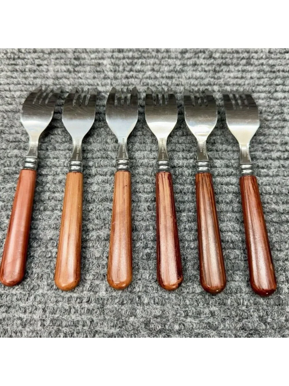 Faberware Silverware Lot Of 6 Small Forks Faux Wood Brown Handle Child Vintage
